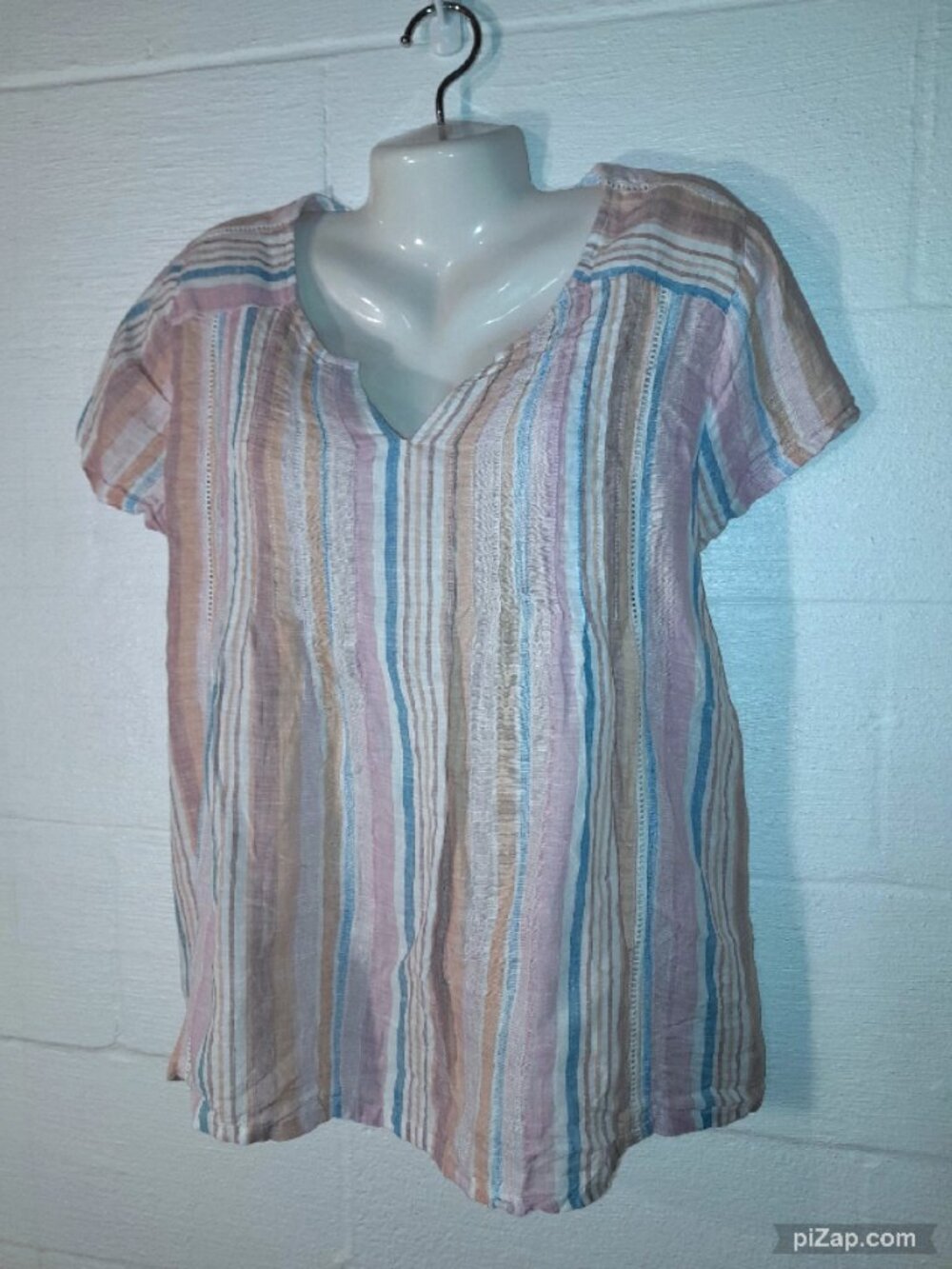 C&C California 100% Linen Pastel Striped Short Sleeve Blouse Top Pleated Women L - Picture 5 of 7